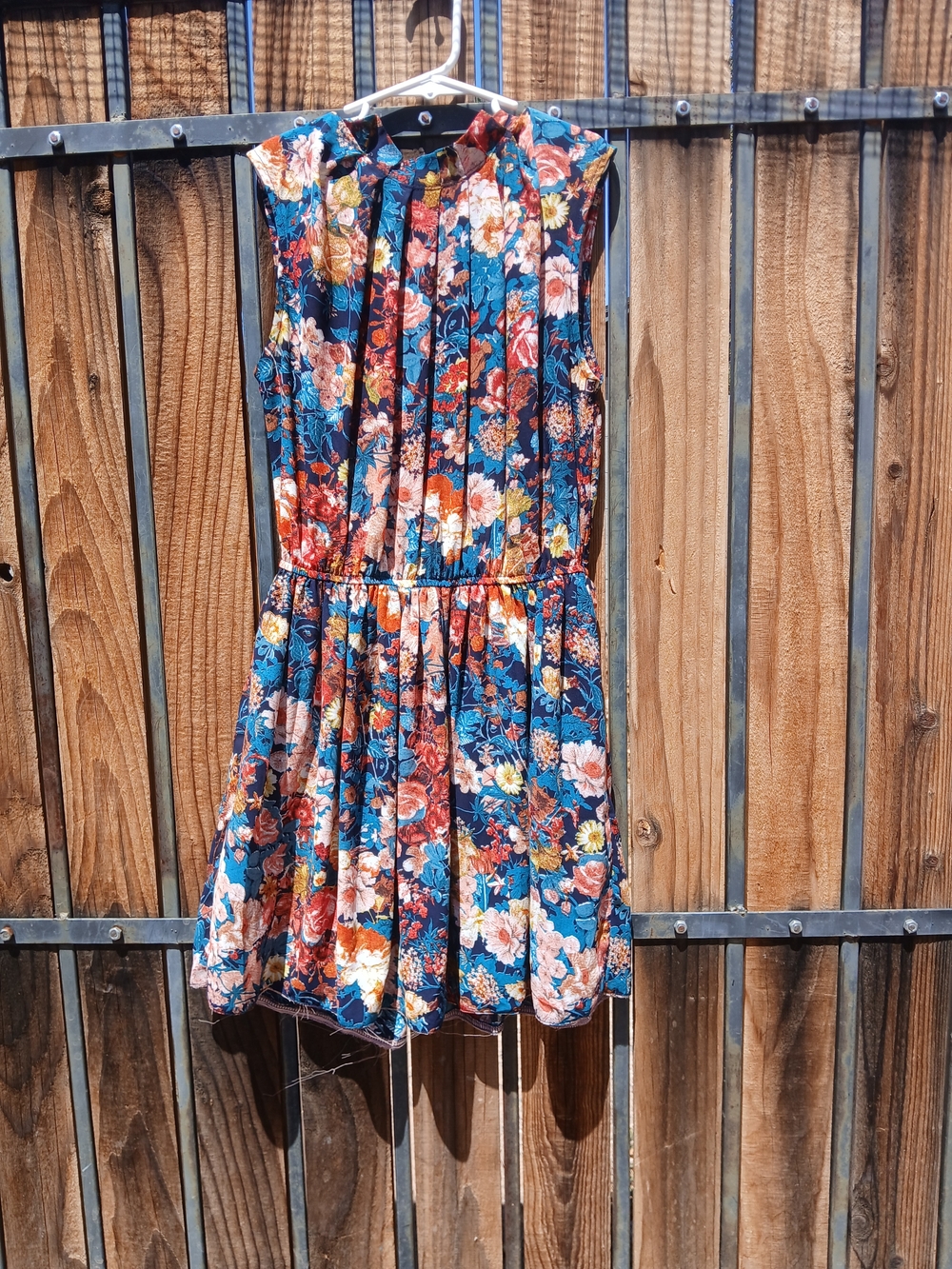 Teal Floral Pleated Mini Dress with Rust & Cream Blooms